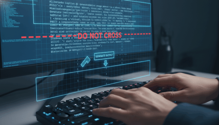 컴퓨터 화면에 프롬프트(요청)를 입력하는 손과 질문에 대한 답을 보여주는 AI 인터페이스.