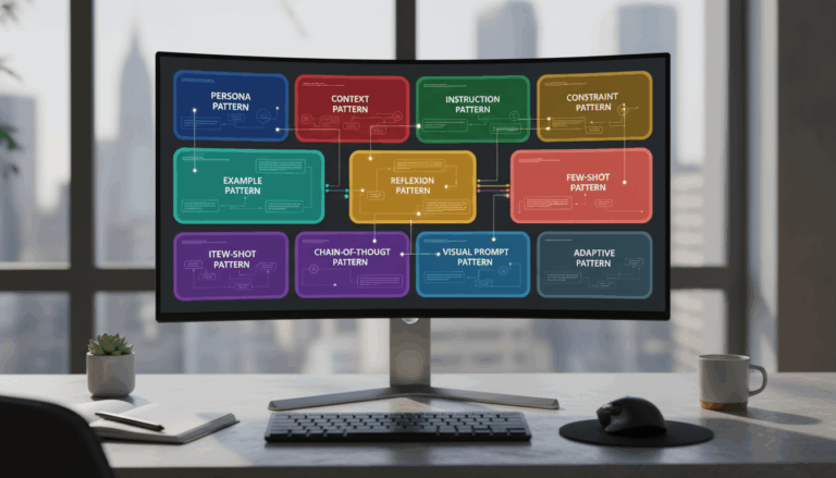 컴퓨터 앞에서 프롬프트 패턴을 활용해 AI와 상호작용하는 사람.