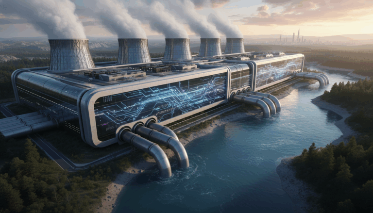 데이터센터 건물, 서버 랙, 냉각탑, 그리고 물이 흐르는 모습