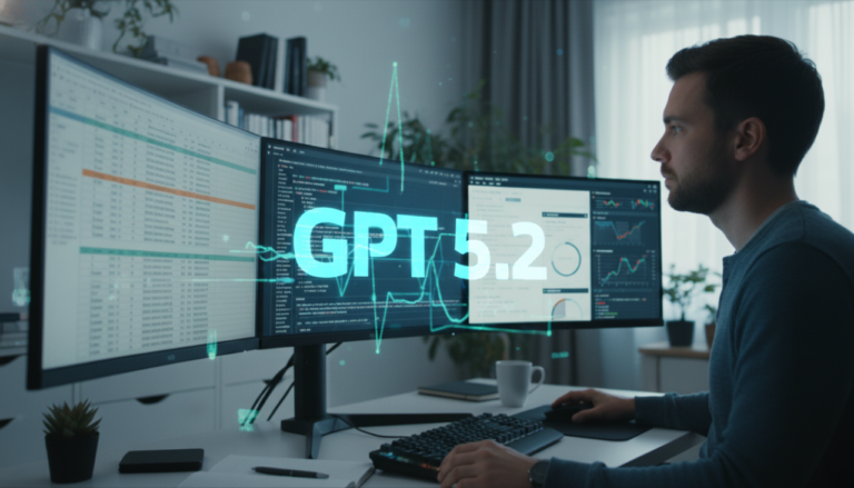 컴퓨터 화면에 GPT-5.2 로고와 함께 스프레드시트, 슬라이드, 코드 등 다양한 인공지능 생성 결과물이 표시되는 모습